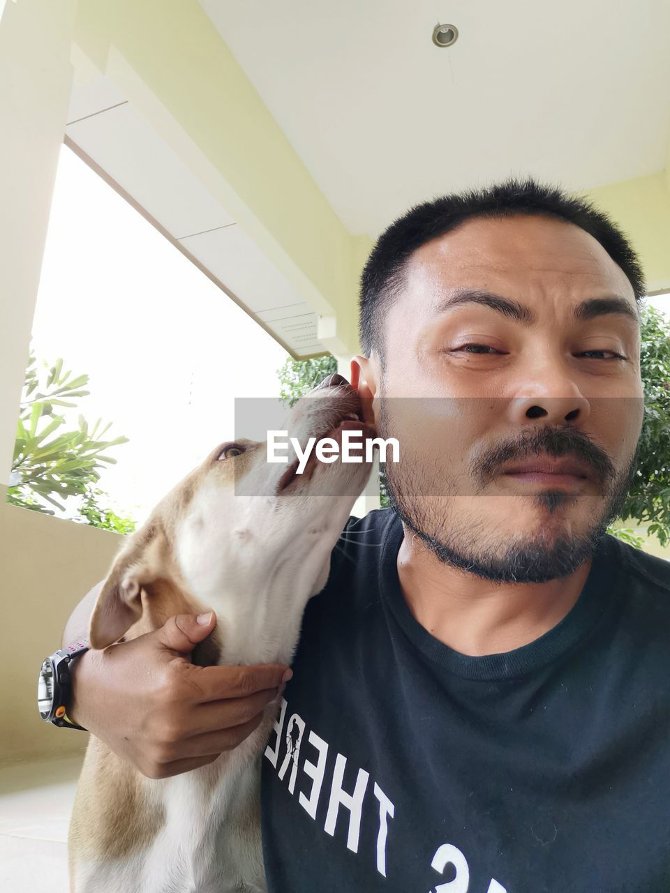 Dog licking ear of mid adult man at home