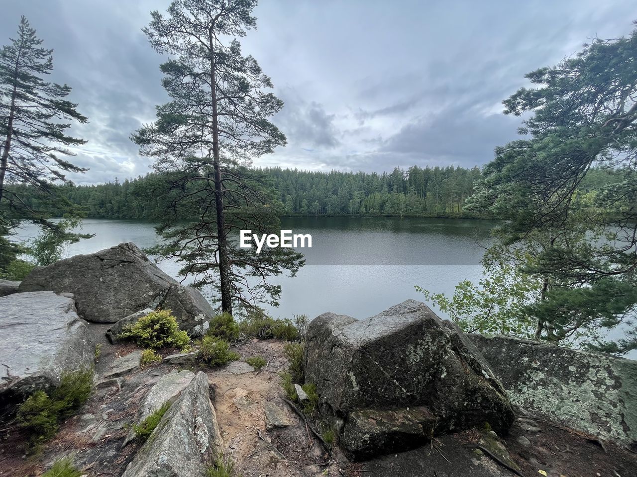 scenic view of lake against cloudy sky