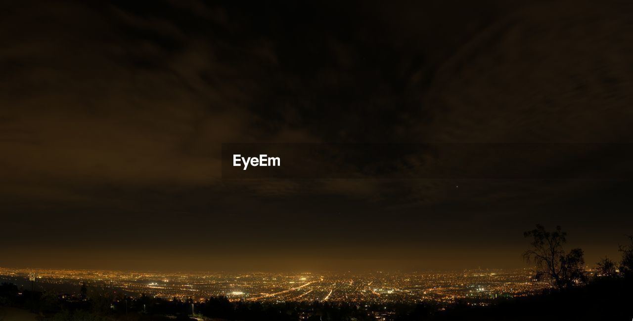 SILHOUETTE TREES BY ILLUMINATED BUILDINGS AGAINST SKY AT NIGHT