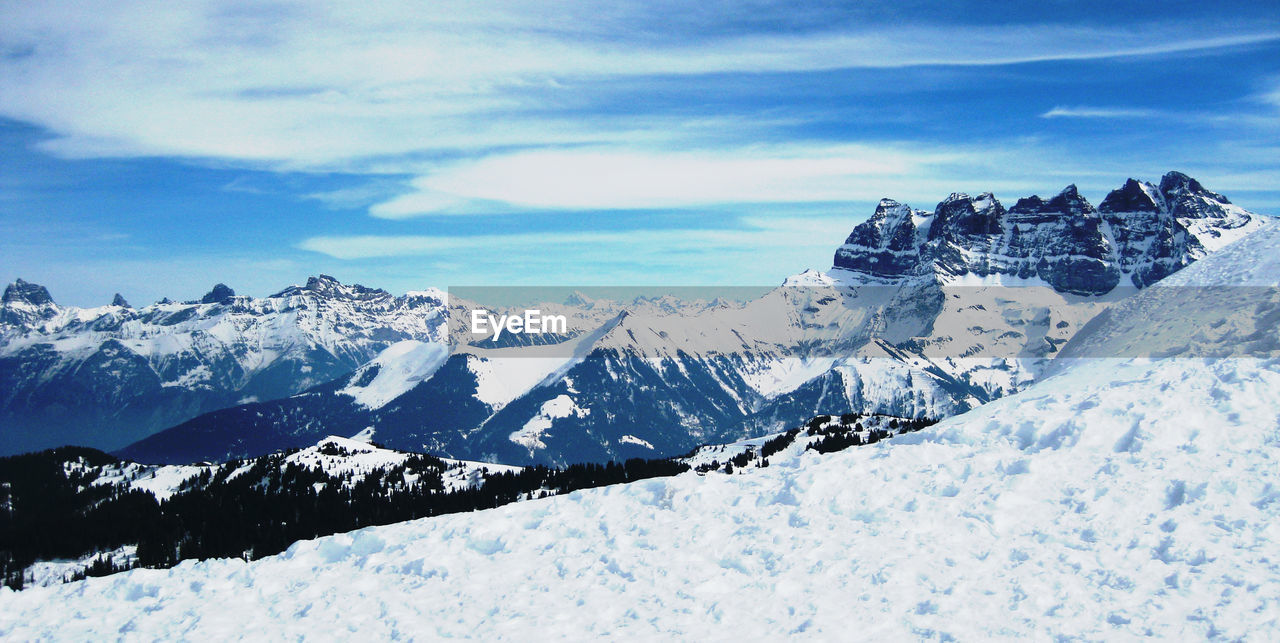 Scenic view of snowcapped mountains against sky