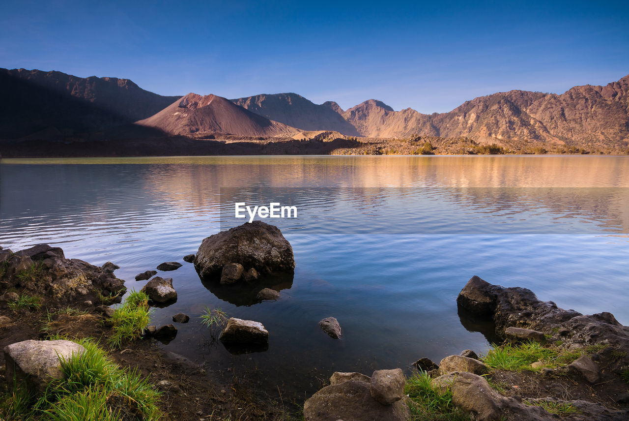 Scenic view of lake and mountains against sky