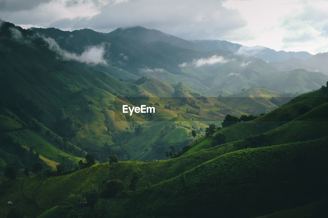 high angle view of mountains against sky