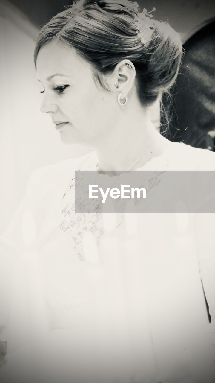 bride, white, women, black and white, adult, one person, wedding dress, young adult, portrait, monochrome photography, monochrome, indoors, chignon, fashion, looking, headshot, bun, female, looking away, dress, hairstyle, person, contemplation, emotion, clothing, photo shoot, hair bun, waist up, veil, lifestyles, newlywed, wedding