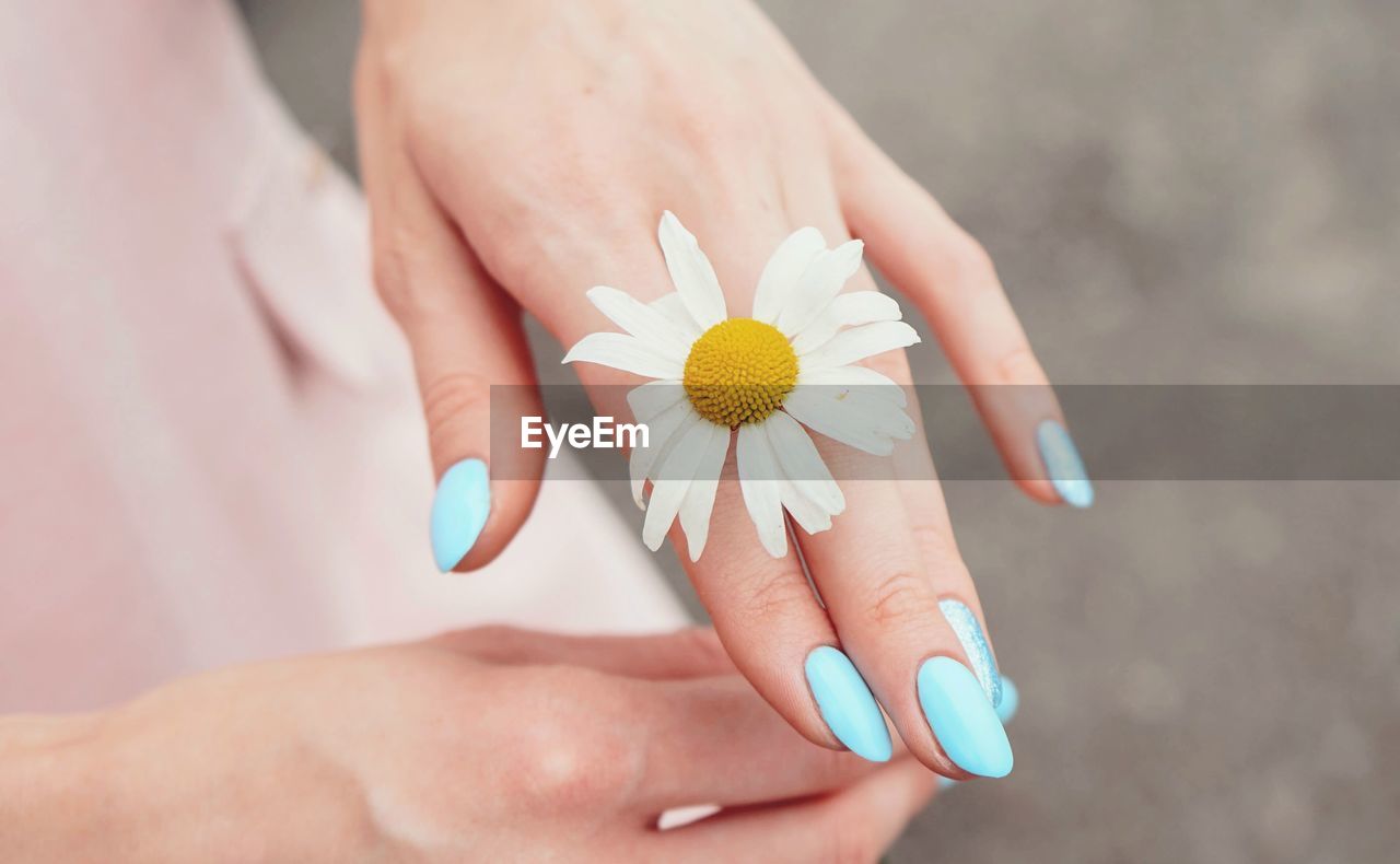 Midsection of woman holding white flower