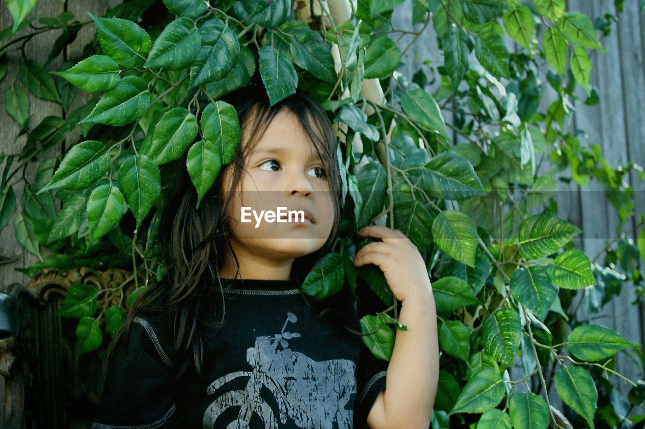 Cute boy looking away against plants