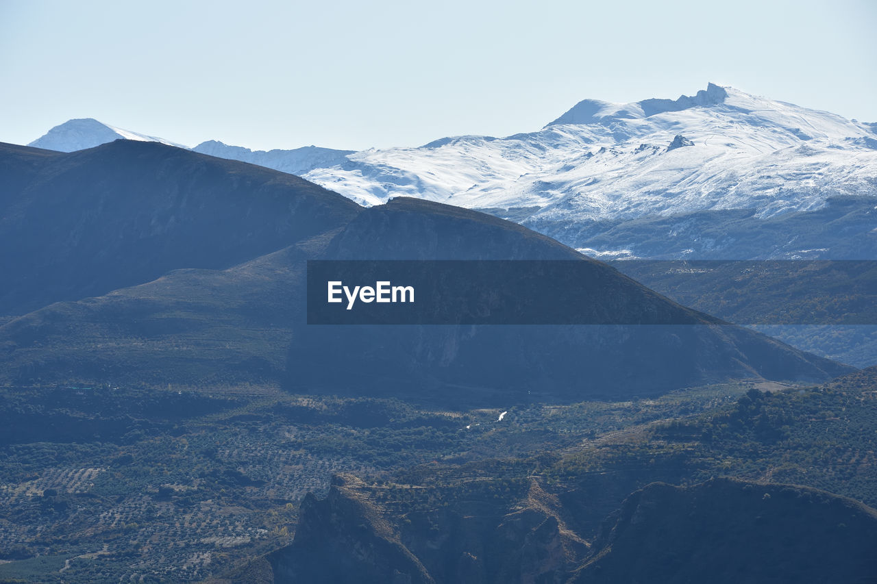 Scenic view of snowcapped mountains against sky