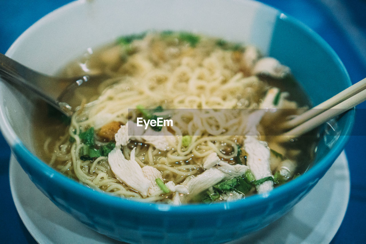 High angle view of noodle soup