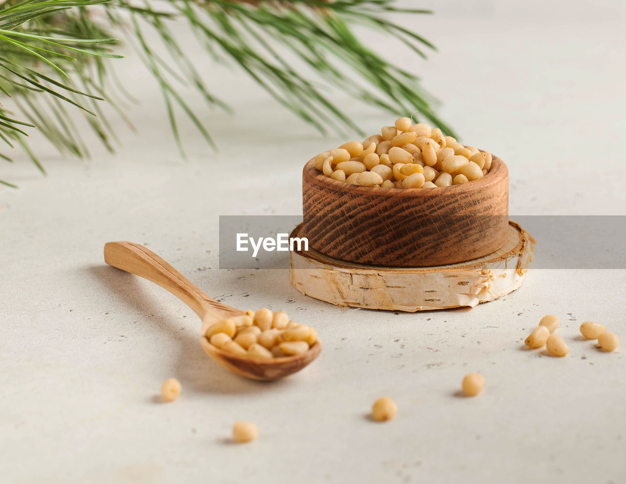 Pine nuts in a wooden bowl and in a wooden spoon on the background of a coniferous branch. 