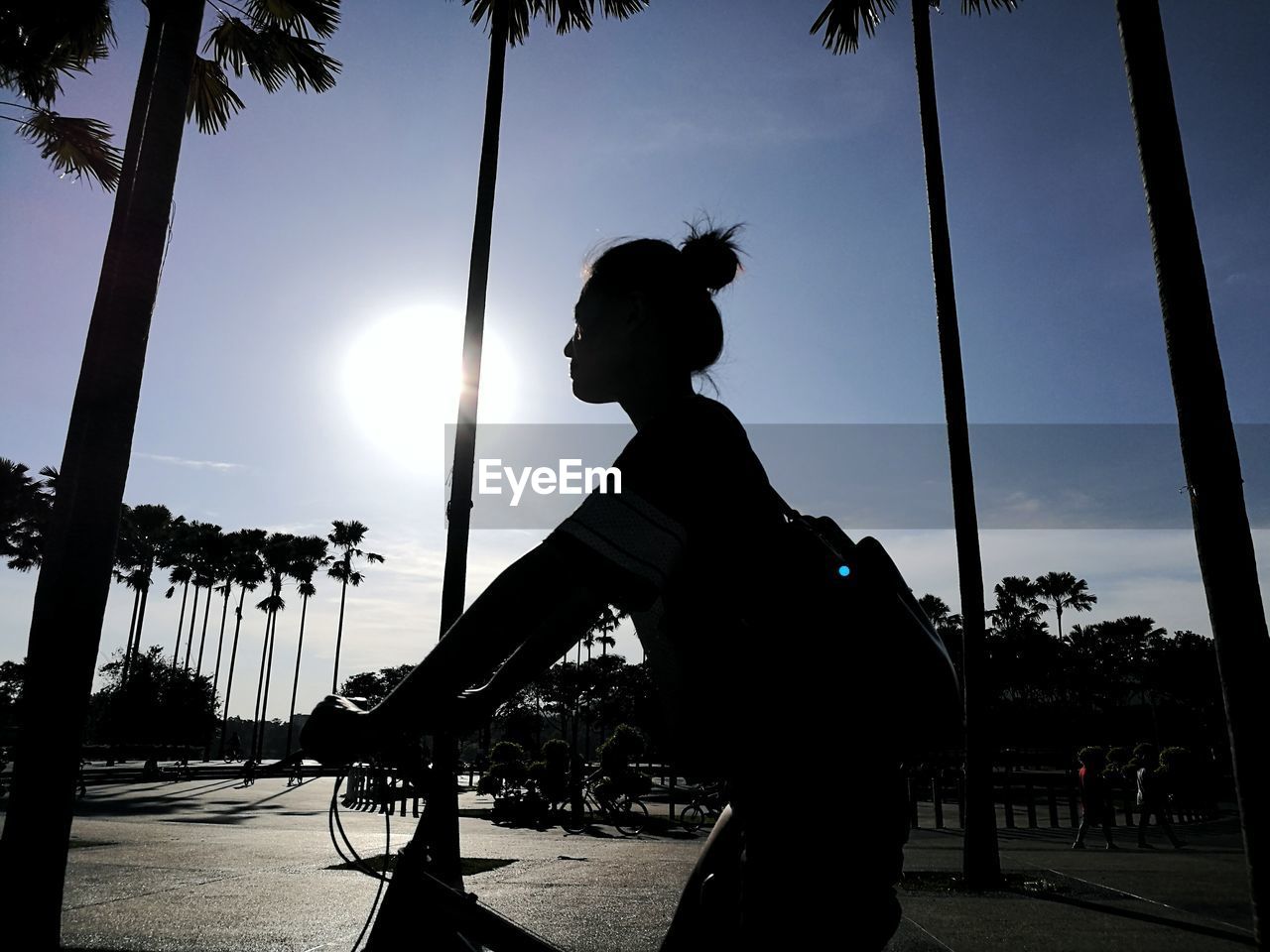 Silhouette woman riding bicycle on street during sunny day