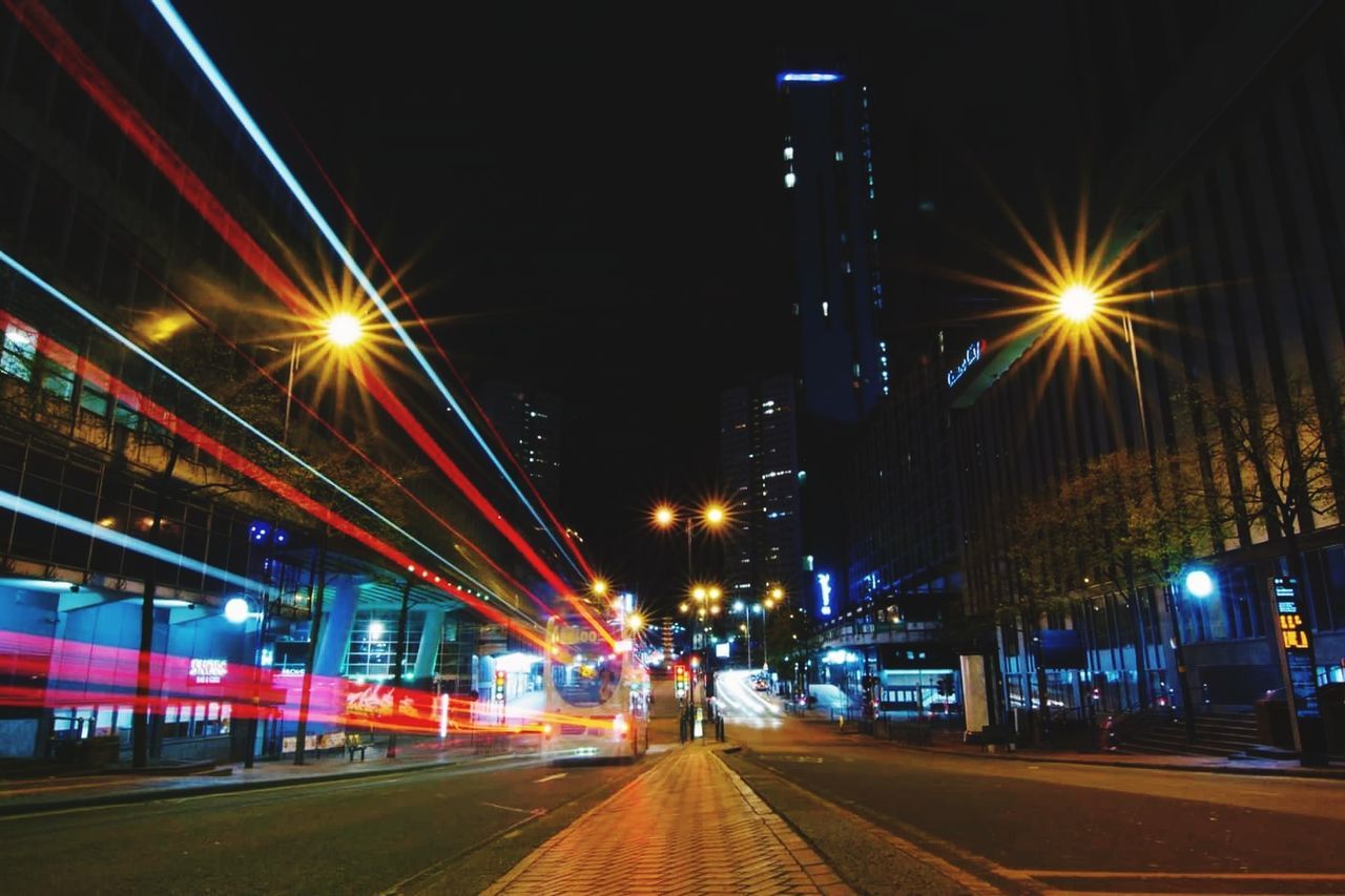 Light trails on road at night