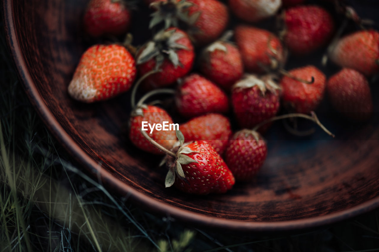 High angle view of strawberries in basket