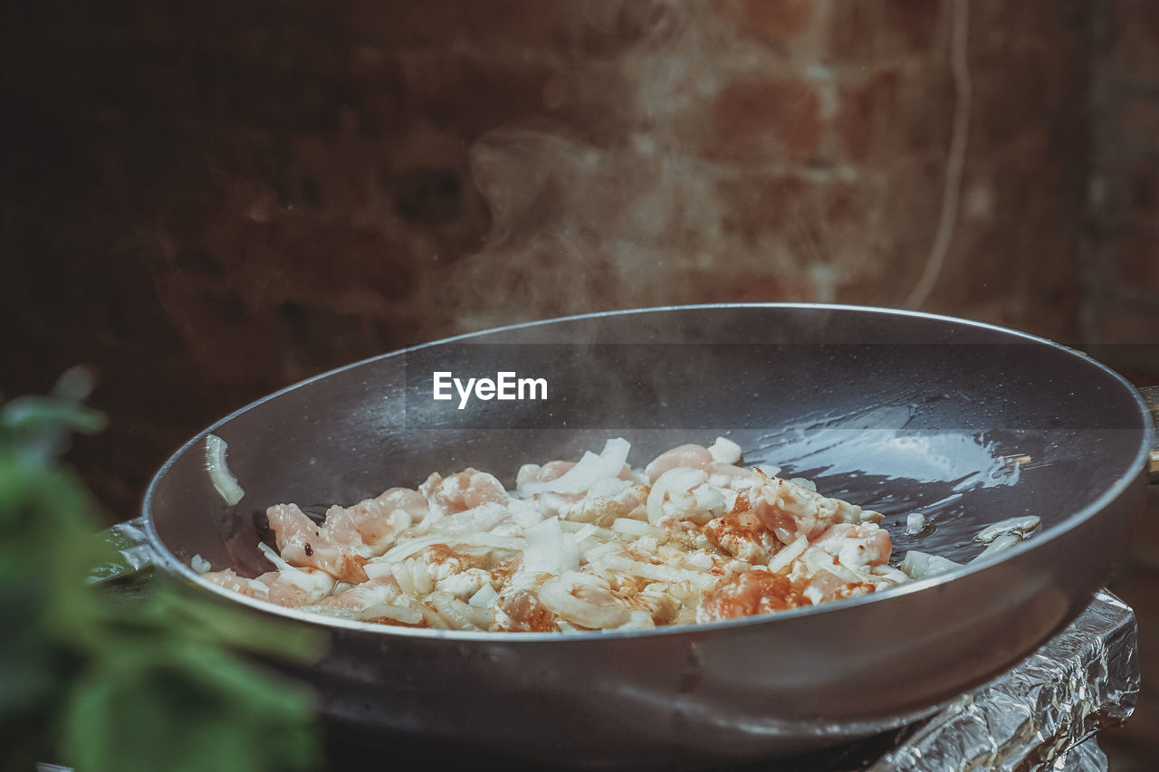 High angle view of food in cooking pan