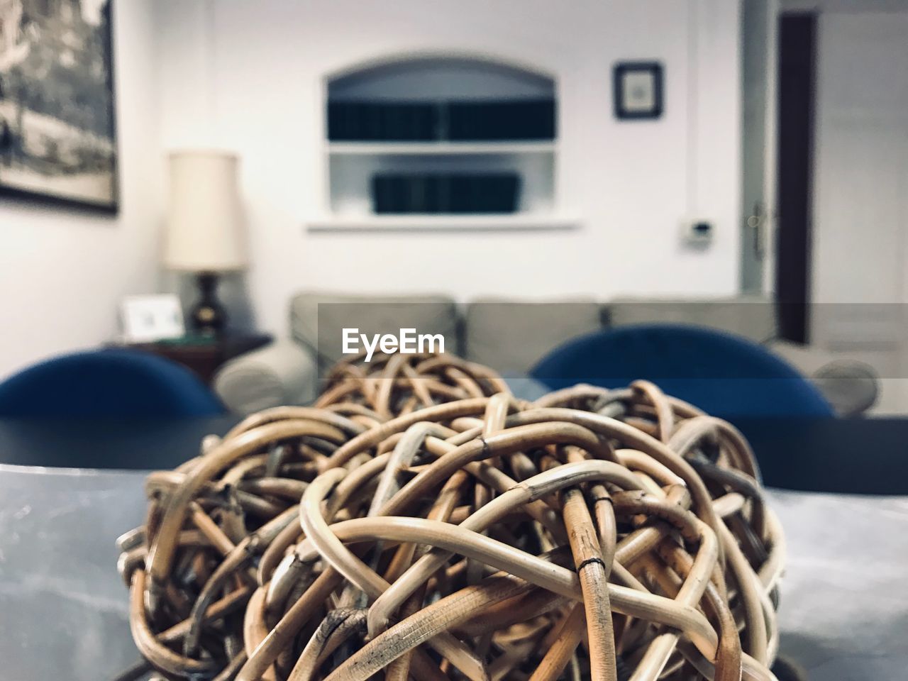 Close-up of tangled cables on table