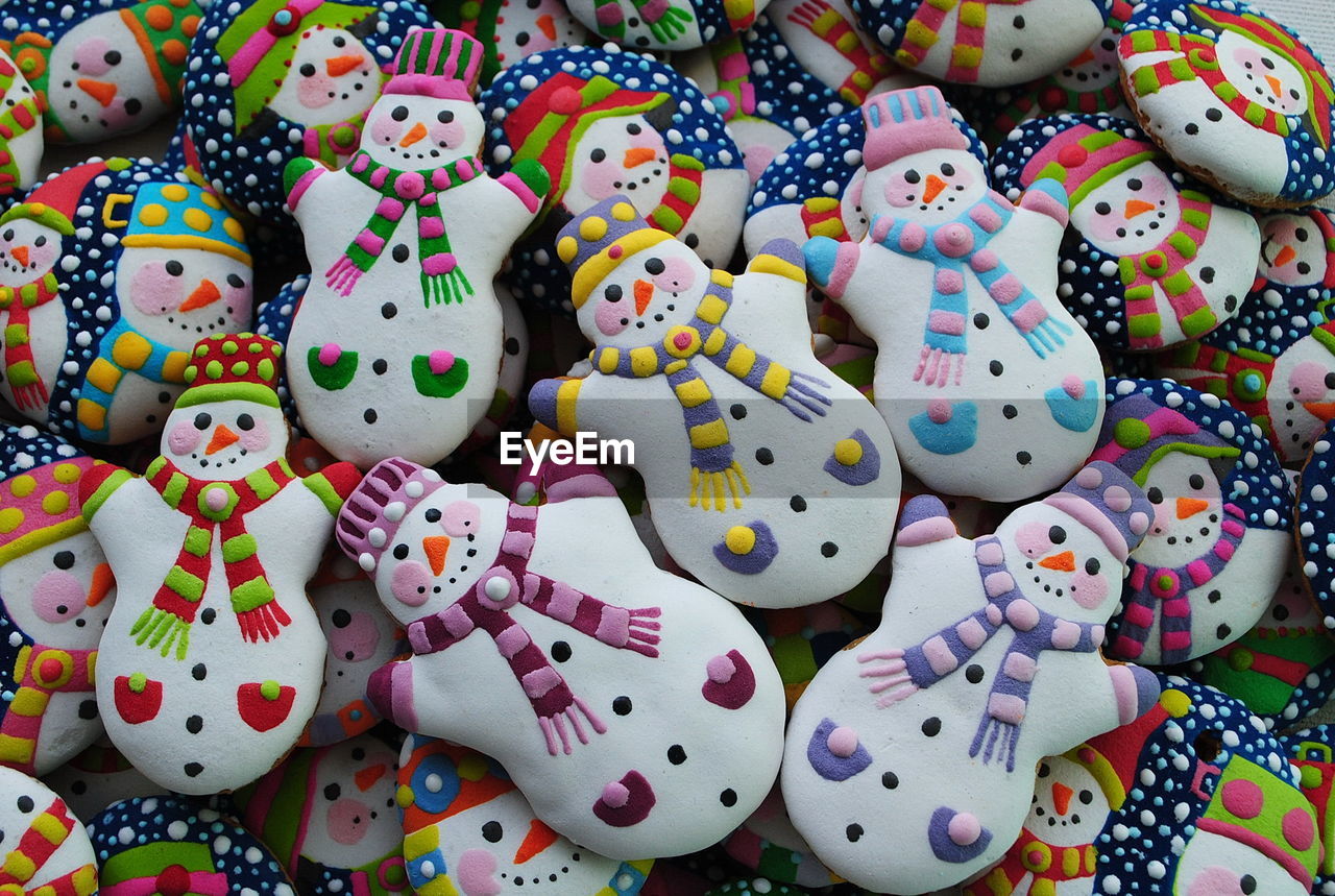 Full frame shot of colorful snowman cookies