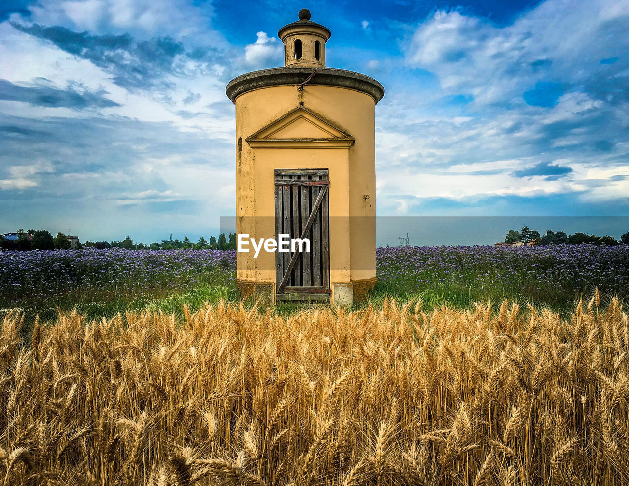 Low angle view of farm against sky