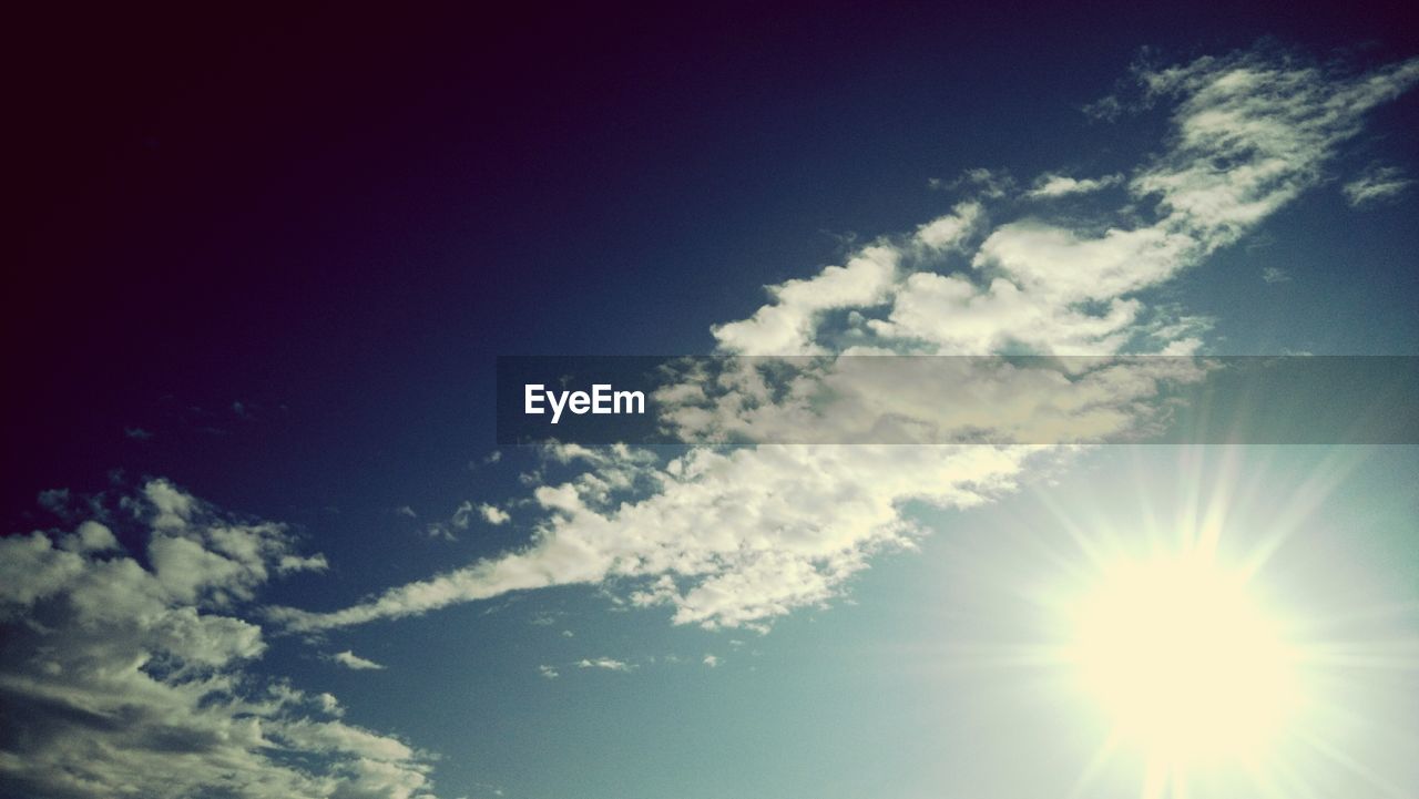 LOW ANGLE VIEW OF SKY AND TREES AGAINST CLOUDY BLUE