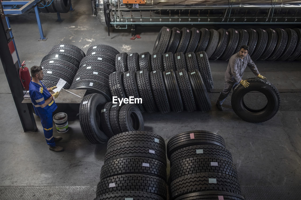 Top view of stock tires in tire factory