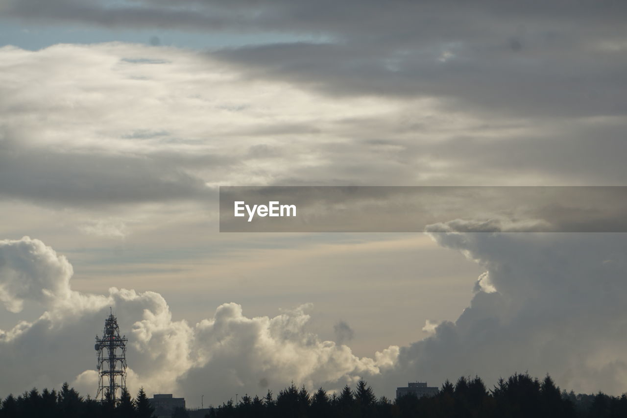 sky, cloud, tree, beauty in nature, environment, nature, plant, horizon, scenics - nature, tranquility, no people, silhouette, landscape, tranquil scene, dusk, morning, outdoors, sunlight, forest, land, non-urban scene, cloudscape, idyllic, day, fog