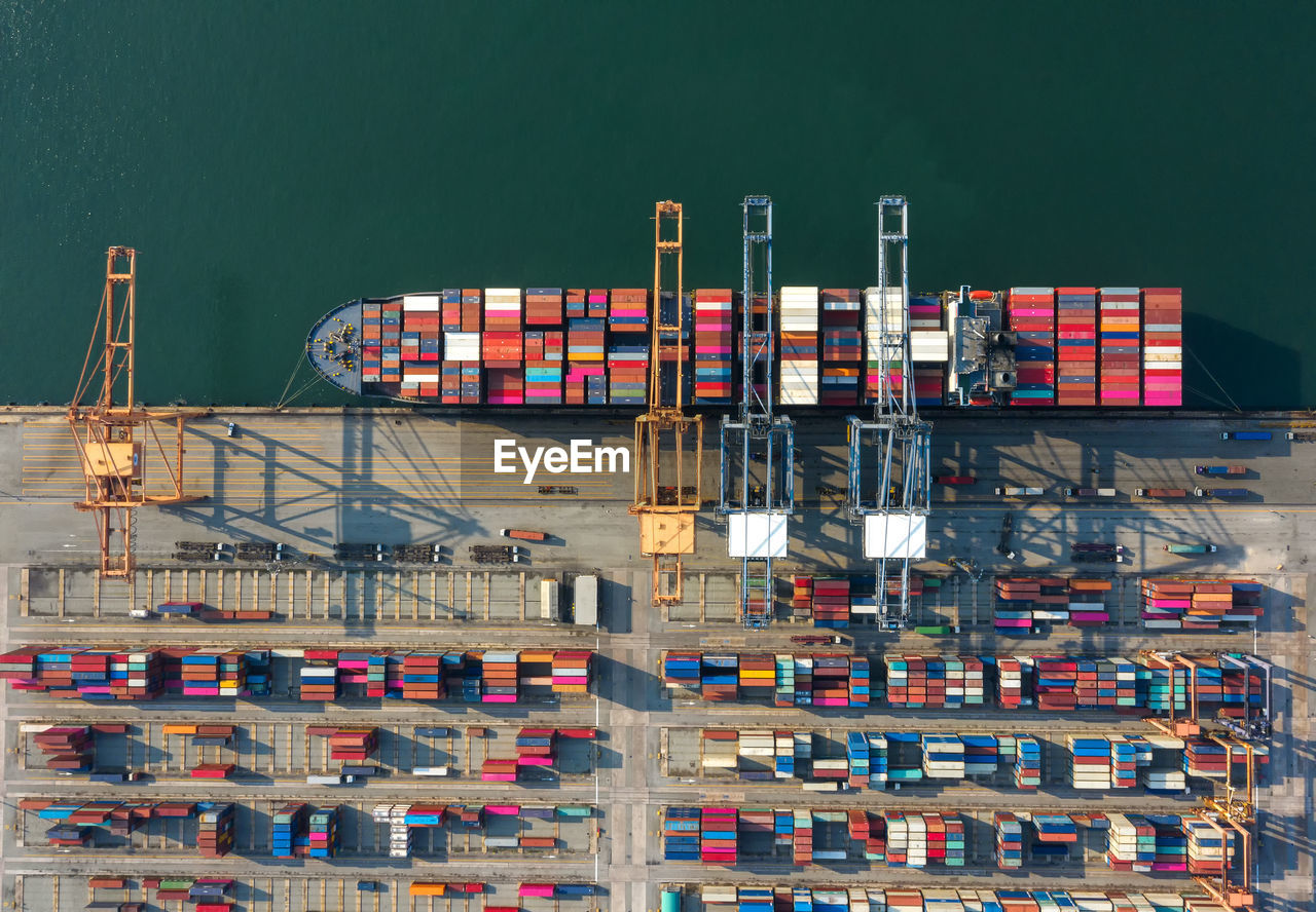 HIGH ANGLE VIEW OF COMMERCIAL DOCK BY PIER