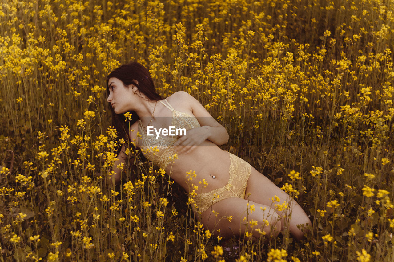 High angle view of young woman in bikini sitting amidst flowers on field