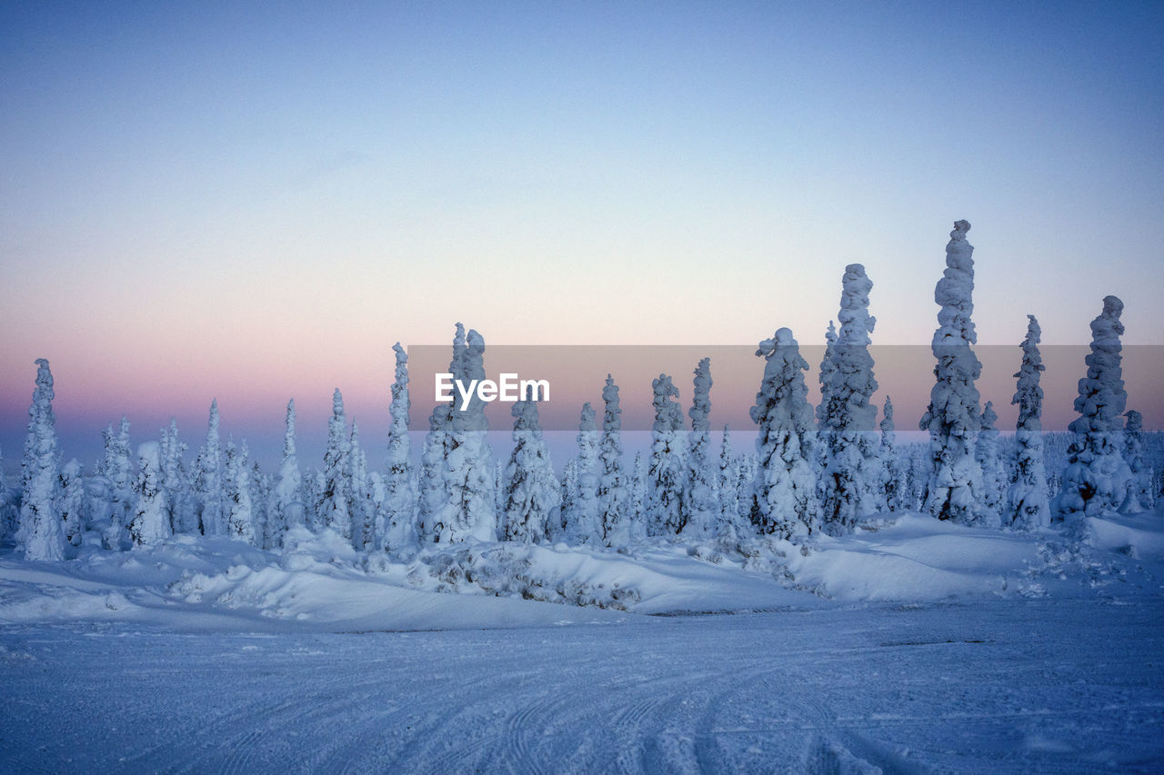 SCENIC VIEW OF SNOW COVERED LAND AGAINST CLEAR SKY