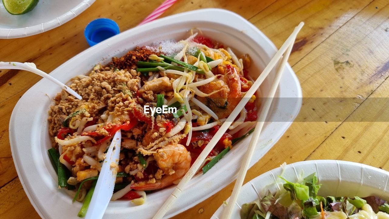 high angle view of food served in plate on table