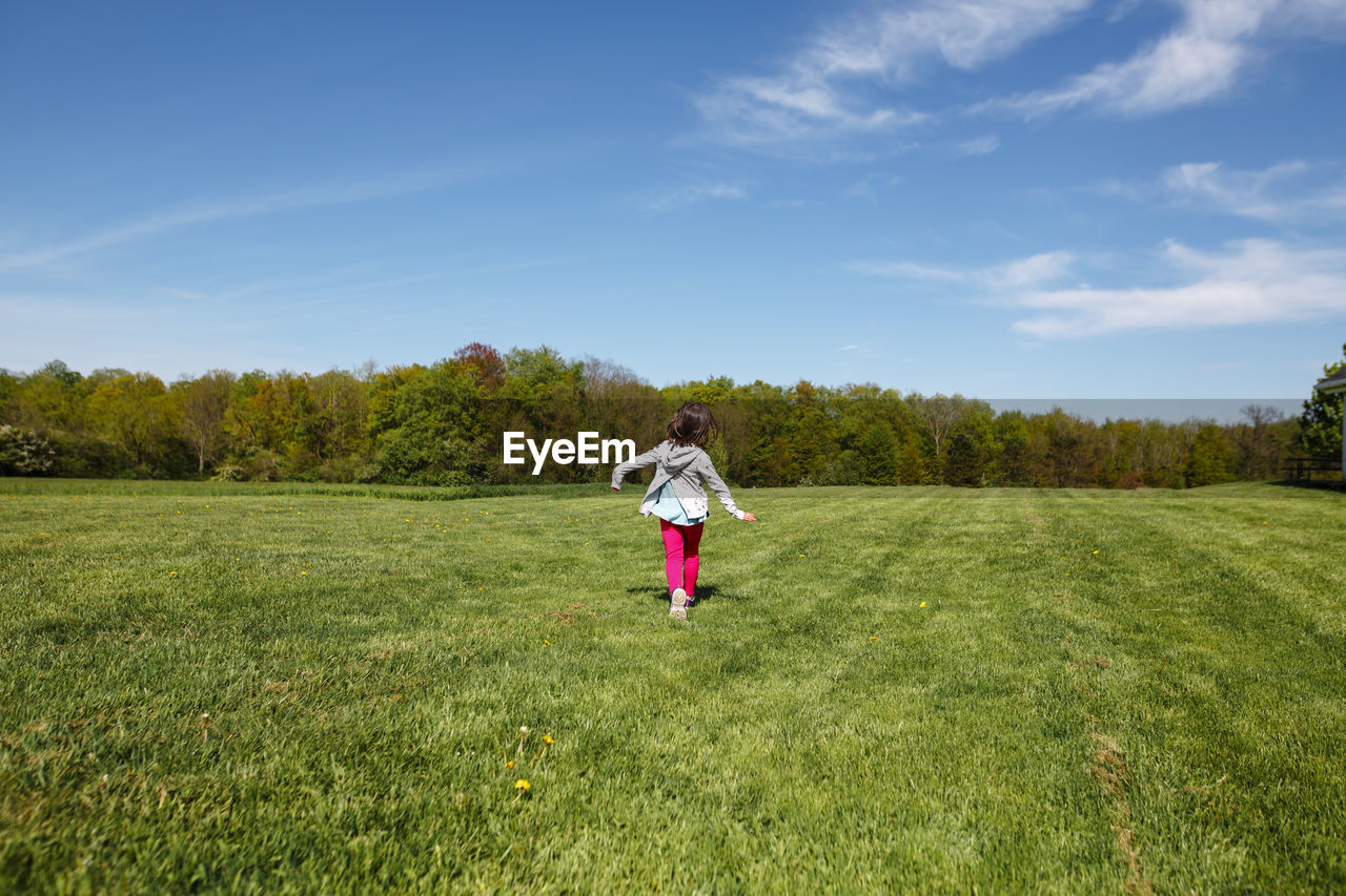 A happy little girl in bright clothing runs through a field in spring