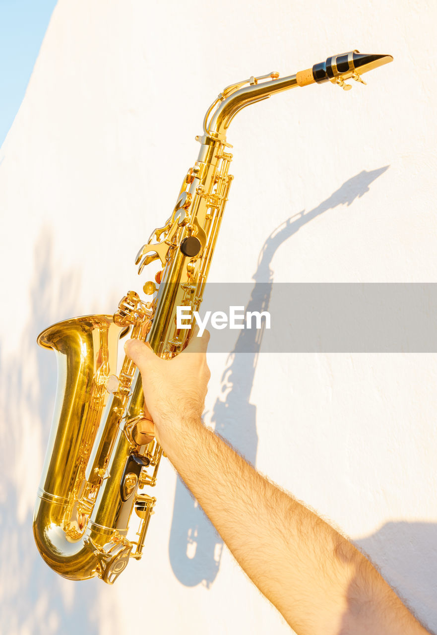 Cropped hand of man holding saxophone