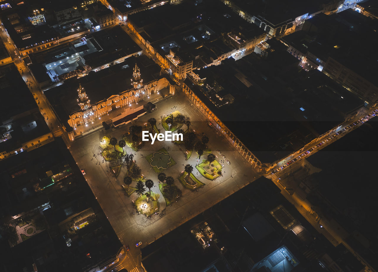 Aerial drone view of arequipa main square and cathedral church at night. arequipa, peru.