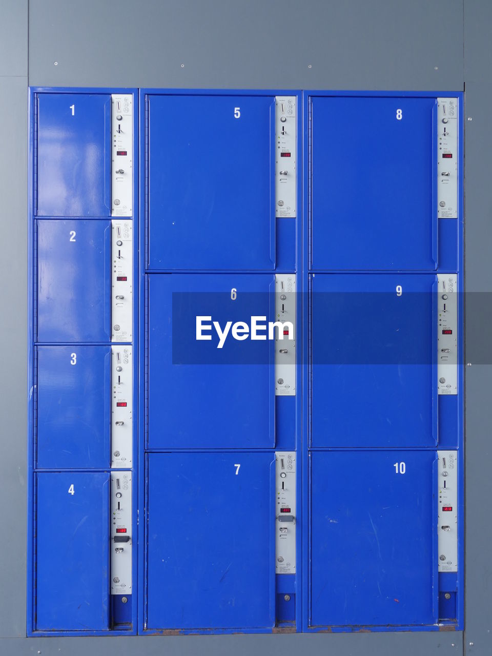 Close-up of blue lockers