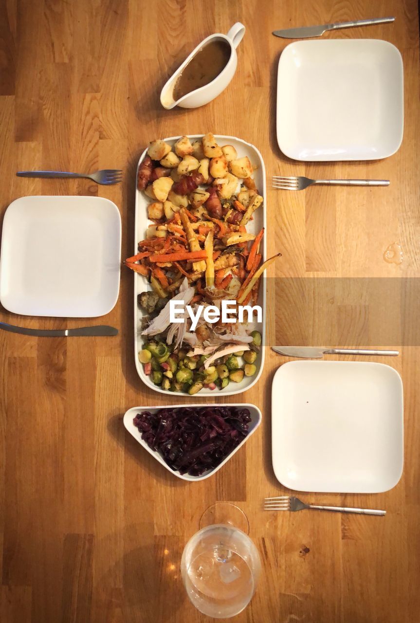 High angle view of food served on table