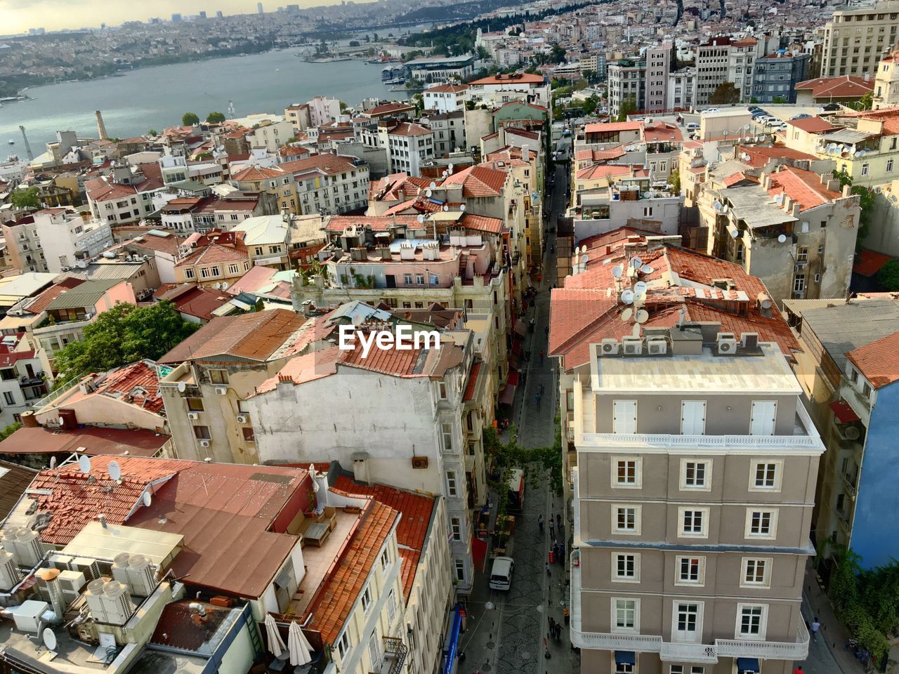 High angle view of houses in town