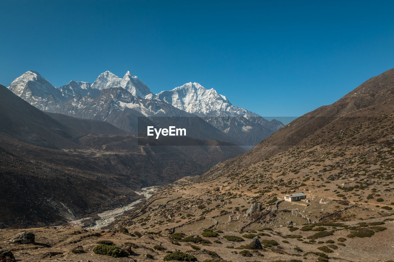 Scenic view of snowcapped mountains against clear blue sky