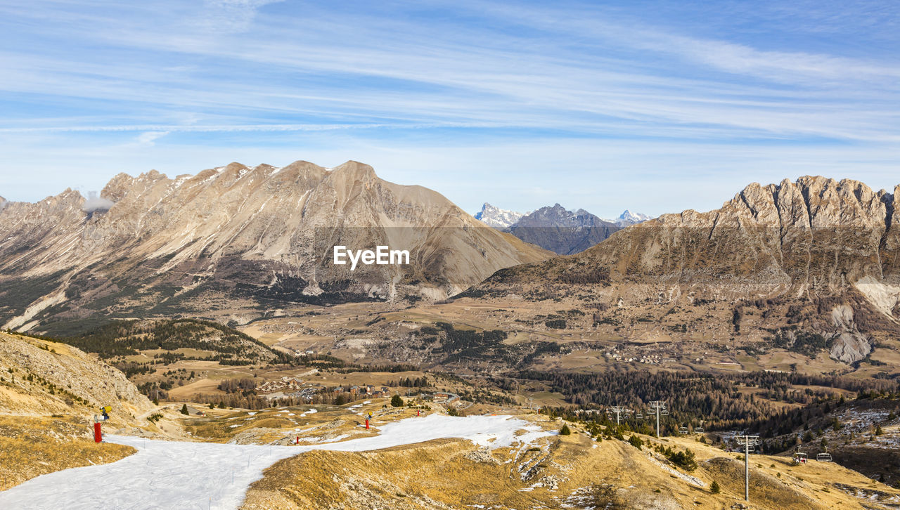 Scenic view of mountains against sky during winter