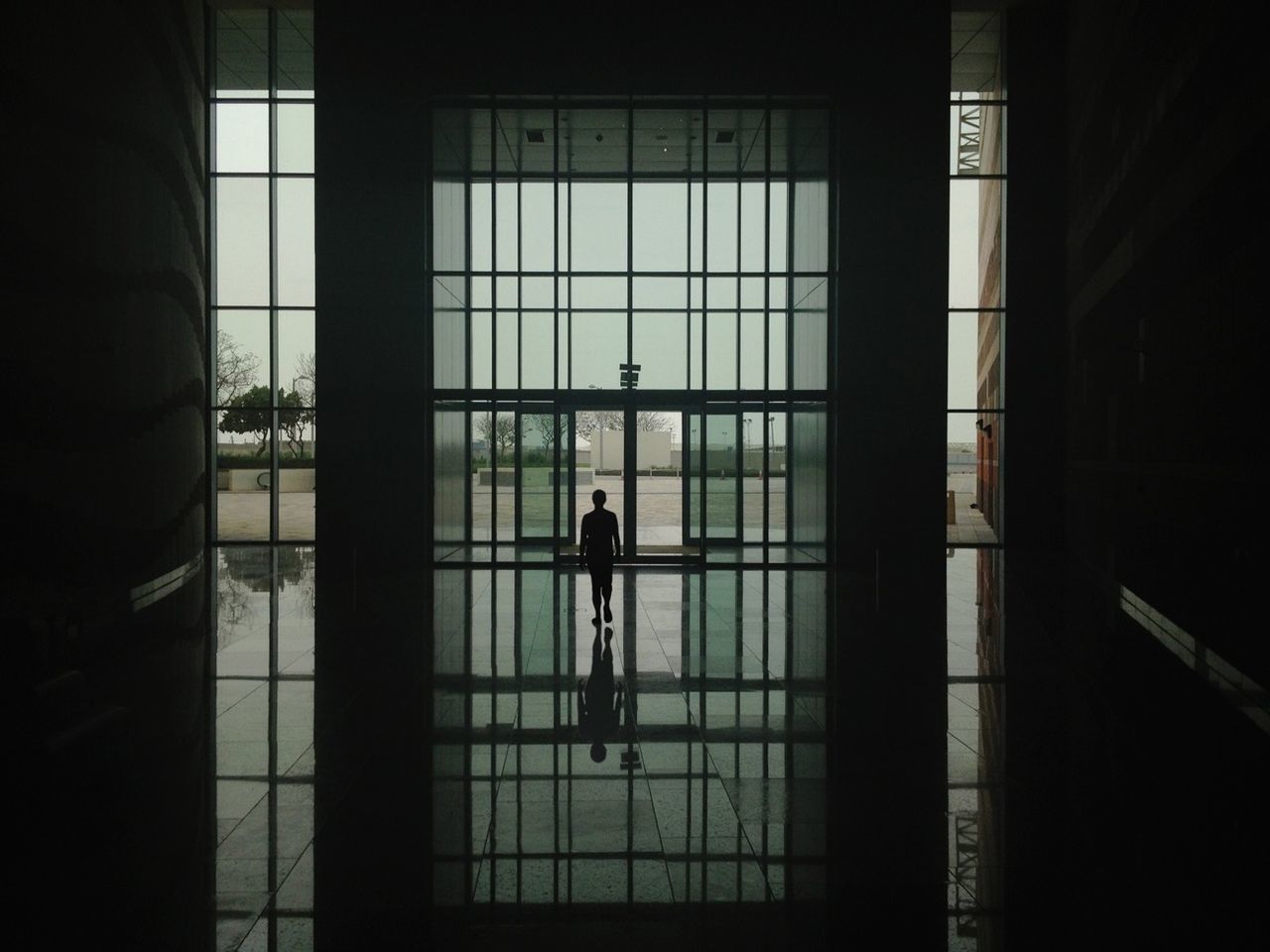 Silhouette of man walking towards glass door