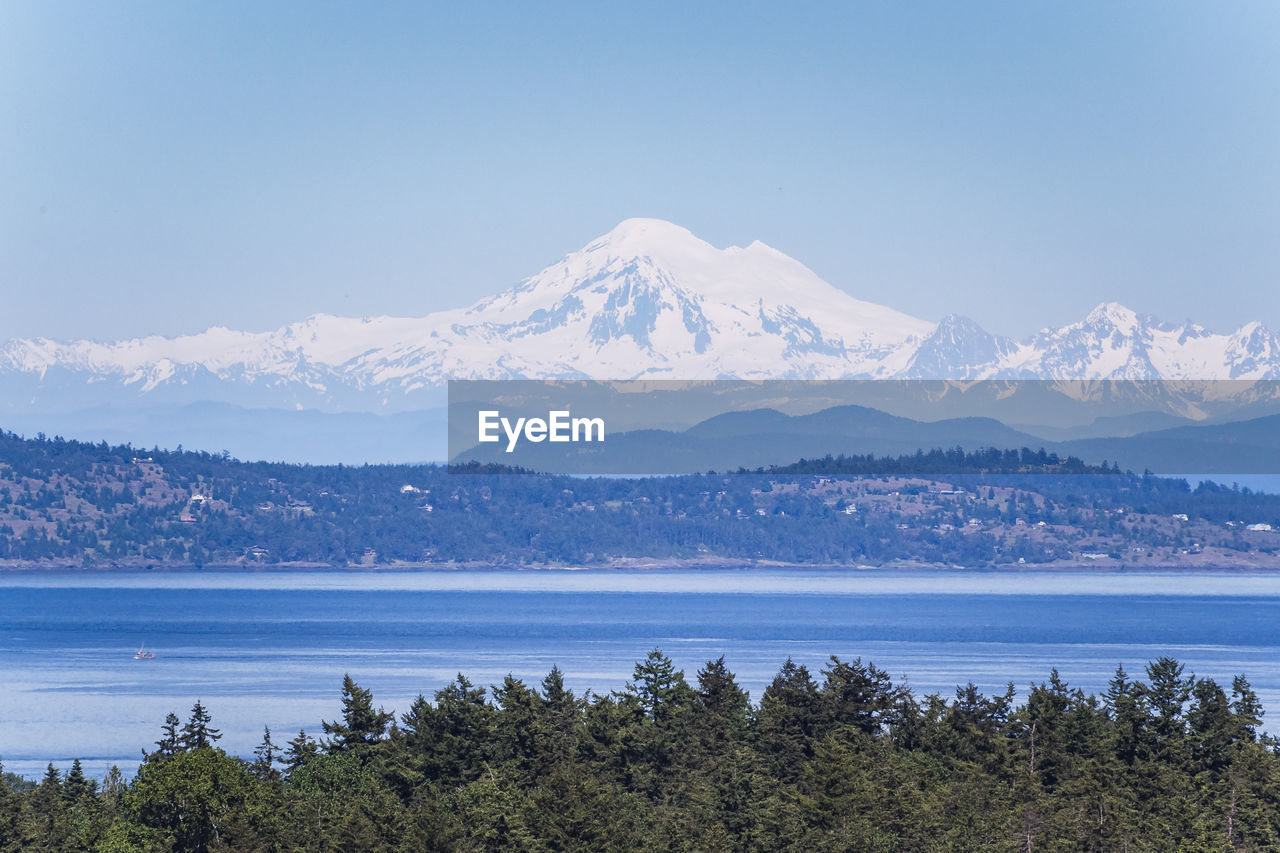 Scenic view of lake with mountain range in background