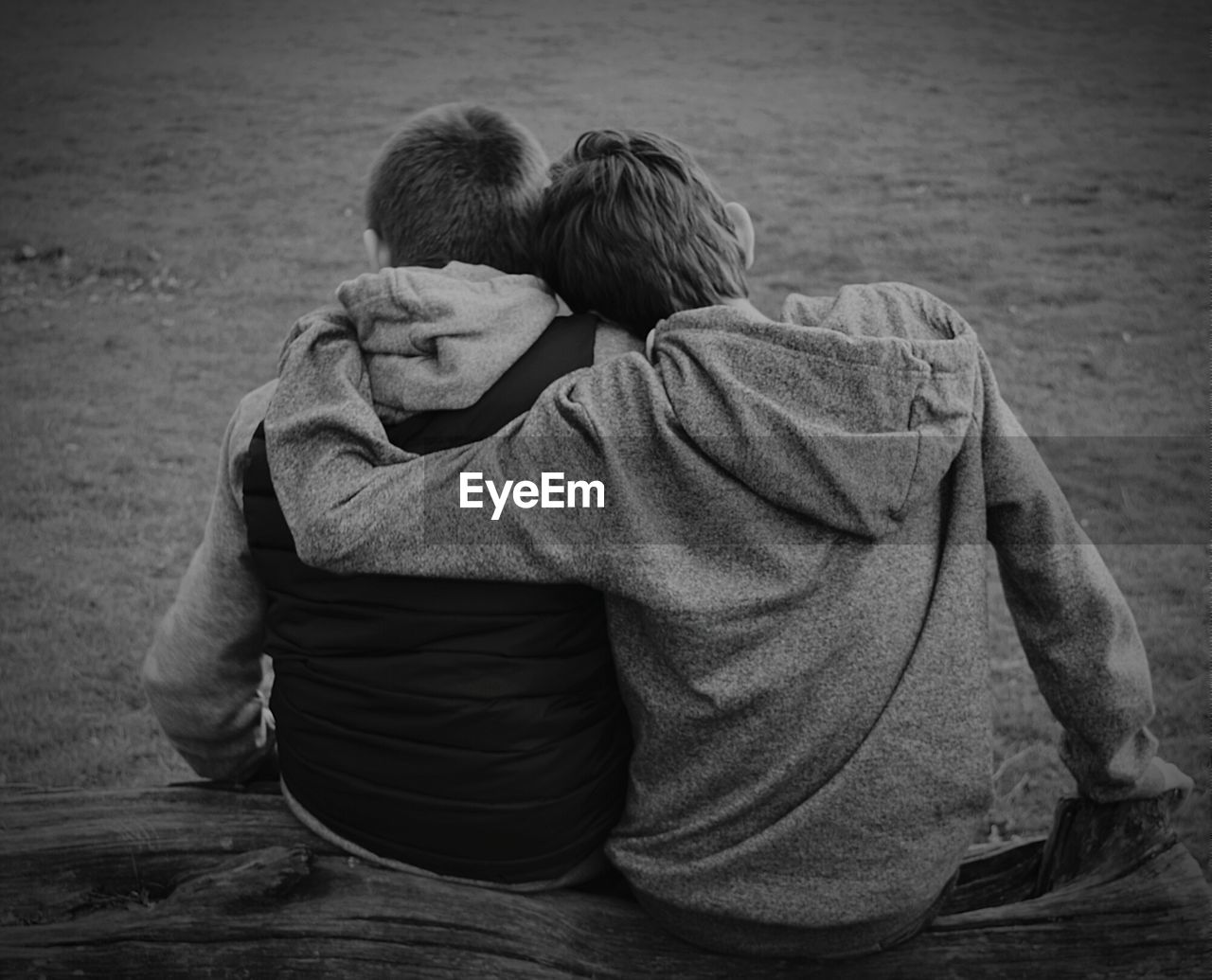 Rear view of boys sitting on wood at field