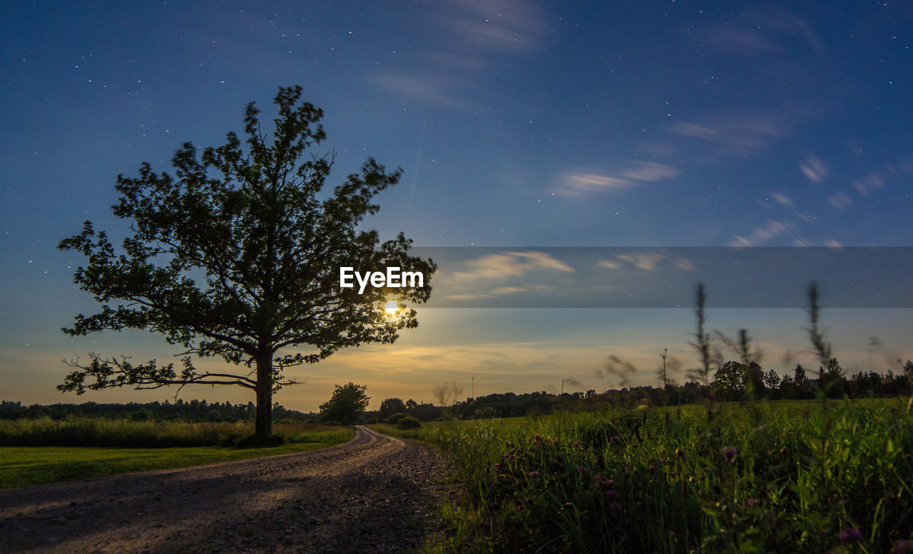 Road by field against sky during sunset