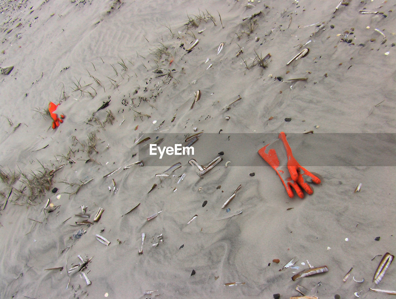 High angle view of rubber gloves on sandy beach