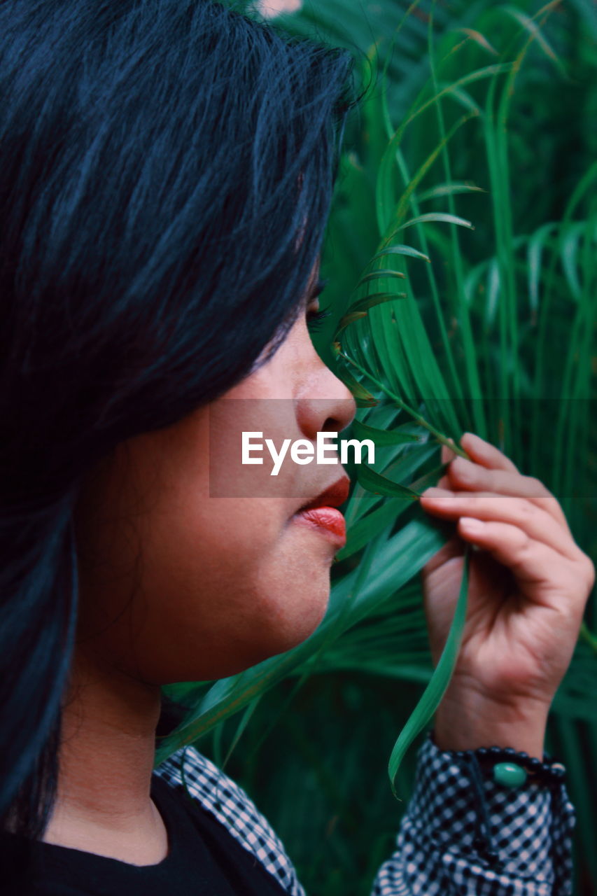 Close-up of woman holding plant