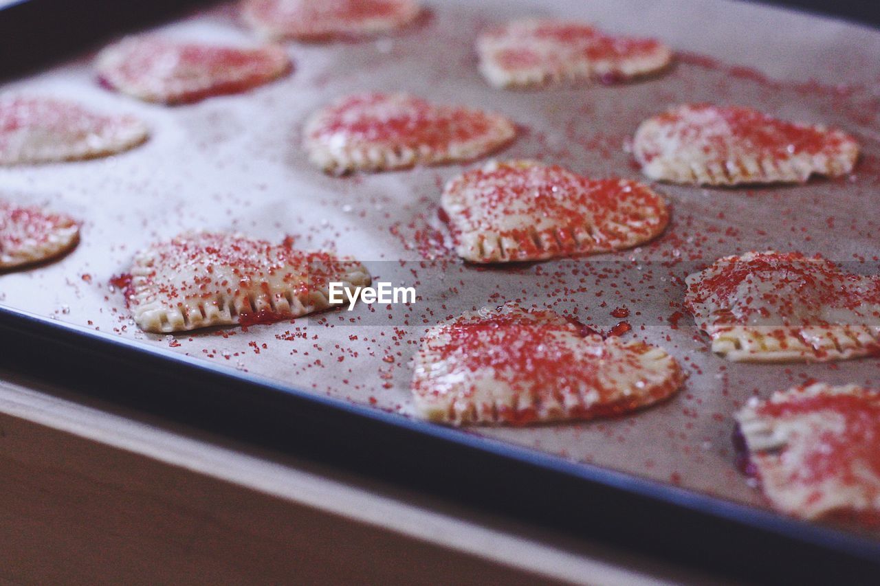 Heart shape cookies in baking sheet