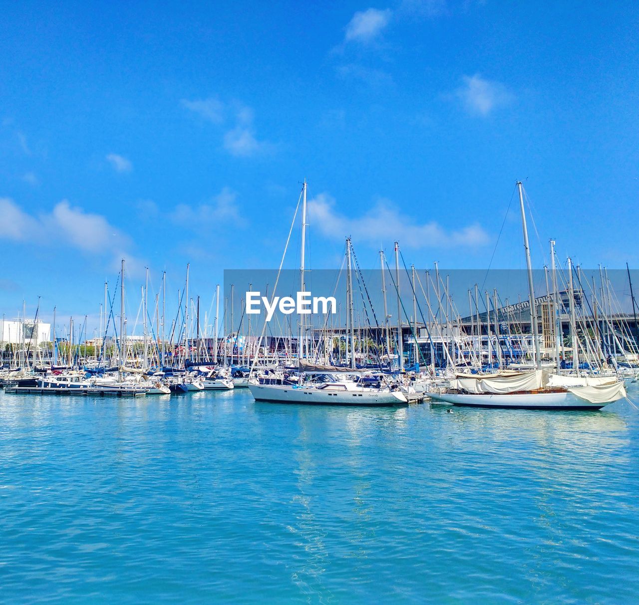 SAILBOATS MOORED IN SEA AGAINST BLUE SKY