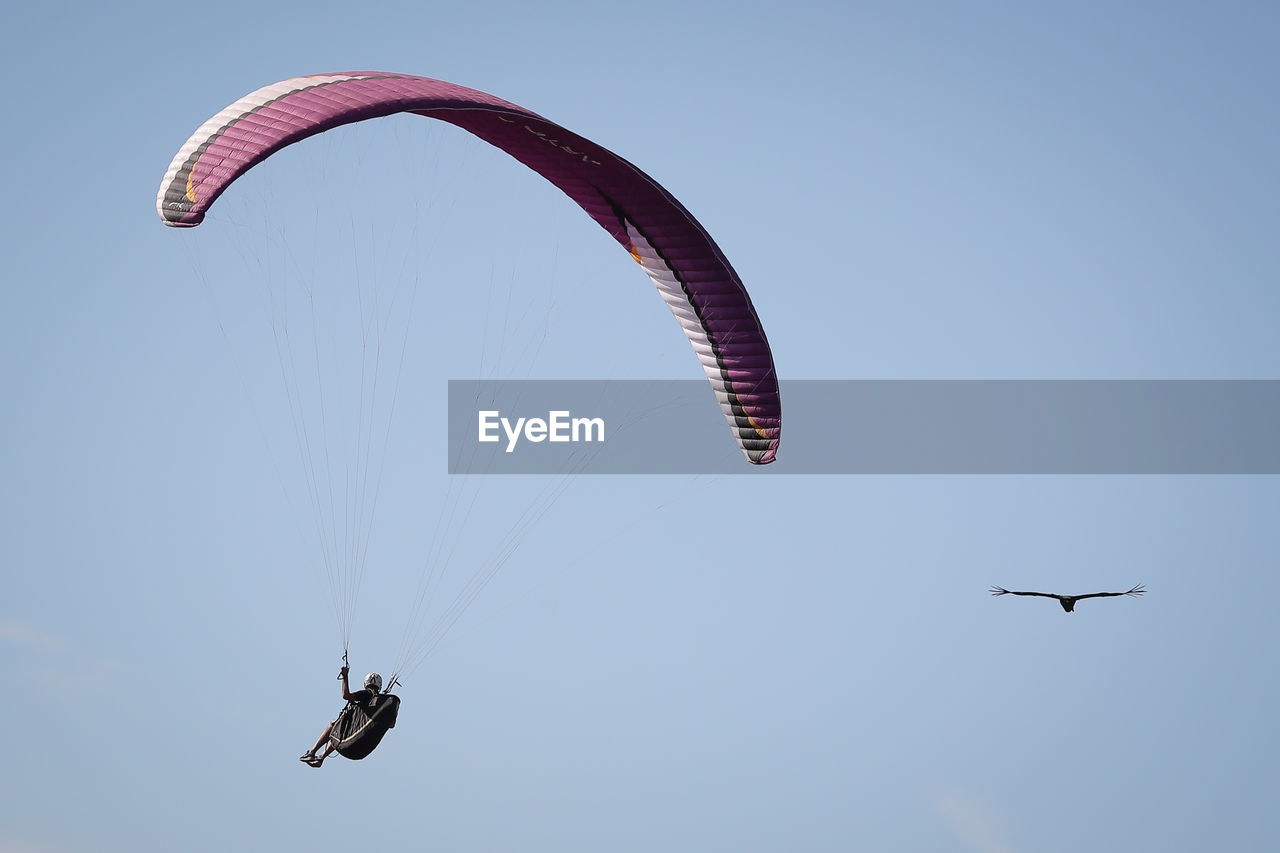 LOW ANGLE VIEW OF HELICOPTER FLYING AGAINST CLEAR SKY