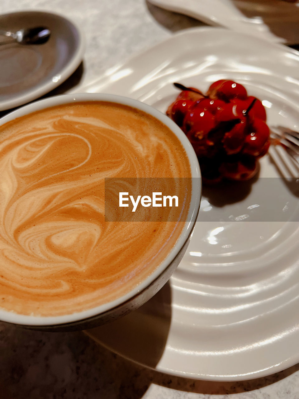 food and drink, food, drink, coffee, refreshment, sweet food, coffee cup, dessert, still life, cup, freshness, indoors, mug, hot drink, sweet, cappuccino, kitchen utensil, fruit, cream, close-up, no people, eating utensil, baked, spoon, high angle view, meal, healthy eating, cake, plate, table, breakfast, frothy drink, crockery, froth art, dairy, saucer