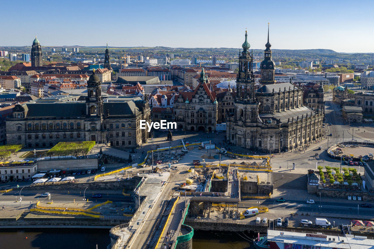 High angle view of historical buildings in city