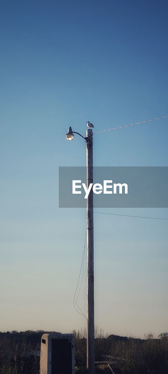 sky, street light, electricity, technology, blue, nature, wind, clear sky, overhead power line, no people, lighting, cable, day, copy space, tower, mast, light fixture, outdoors, architecture, low angle view, power generation, built structure, lighting equipment, power supply, electricity pylon, power line, communication