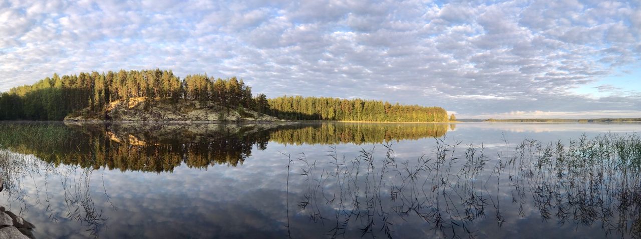 Reflection of trees in lake against cloudy sky