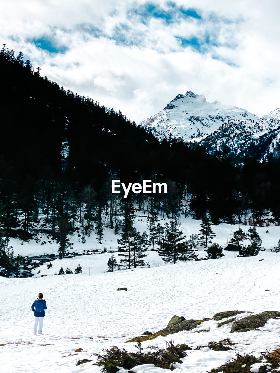 snow, cold temperature, winter, mountain, leisure activity, nature, scenics - nature, beauty in nature, mountain range, sky, skiing, environment, tree, cloud, landscape, one person, snowcapped mountain, vacation, holiday, land, sports, plant, trip, full length, winter sports, day, adventure, non-urban scene, activity, forest, lifestyles, travel, men, frozen, travel destinations, coniferous tree, outdoors, tranquil scene, adult, pinaceae, white, tranquility, pine tree, hiking, footwear, recreation