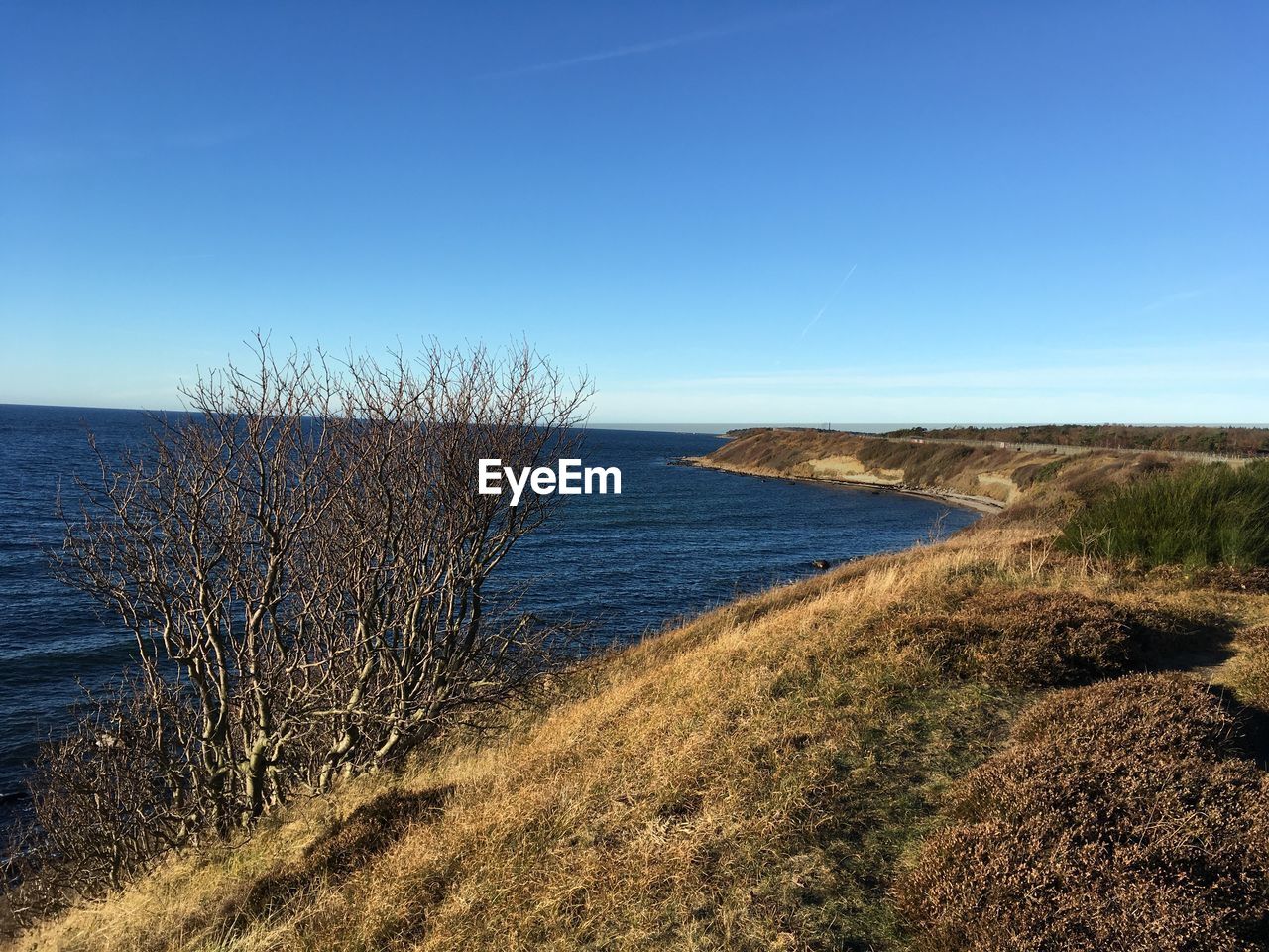 Scenic view of sea against clear blue sky