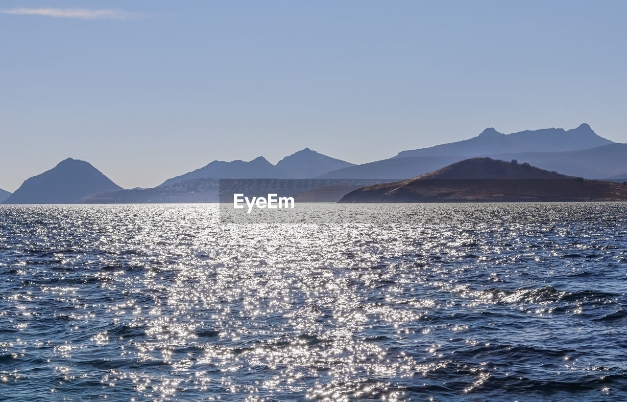 scenic view of sea against clear blue sky